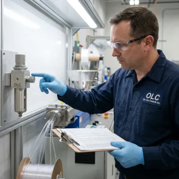 Technician checking medical tubing extrusion controls