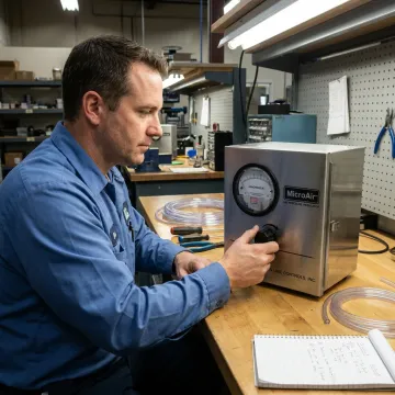 Technician repairing industrial pressure control equipment