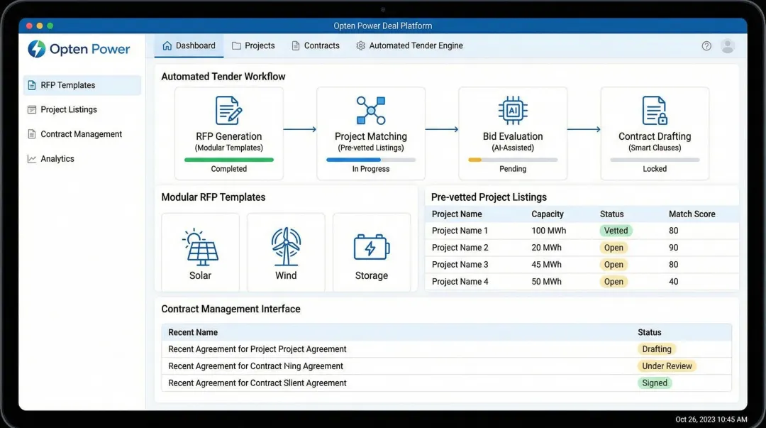 Opten Power automated deal platform dashboard showing RFP templates and project pipeline