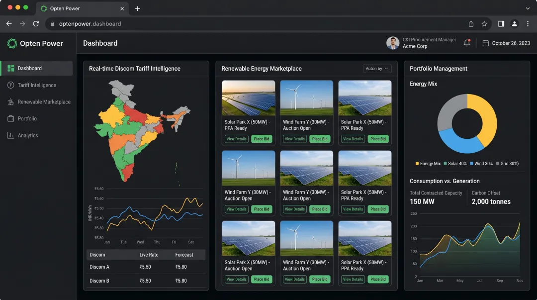 Opten Power platform dashboard showing live Discom tariff benchmarking and renewable procurement interface
