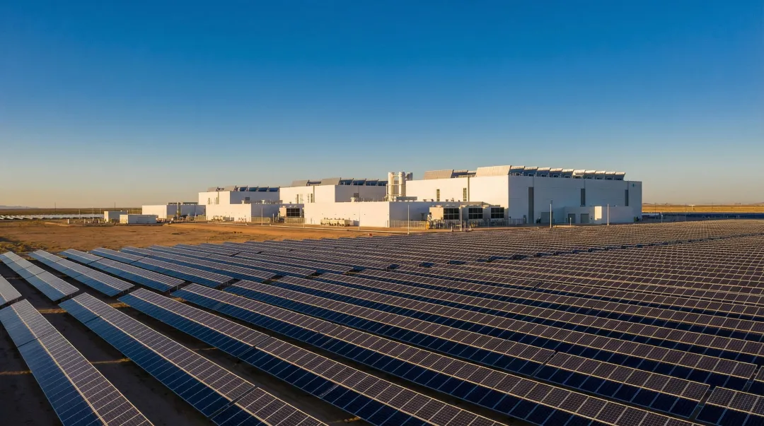 Large industrial solar farm powering steel plant or data centre facility at scale