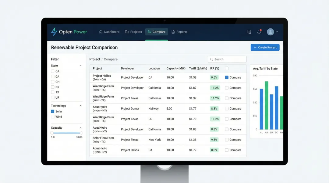 Opten Power platform dashboard displaying renewable project IRR comparisons across multiple developers