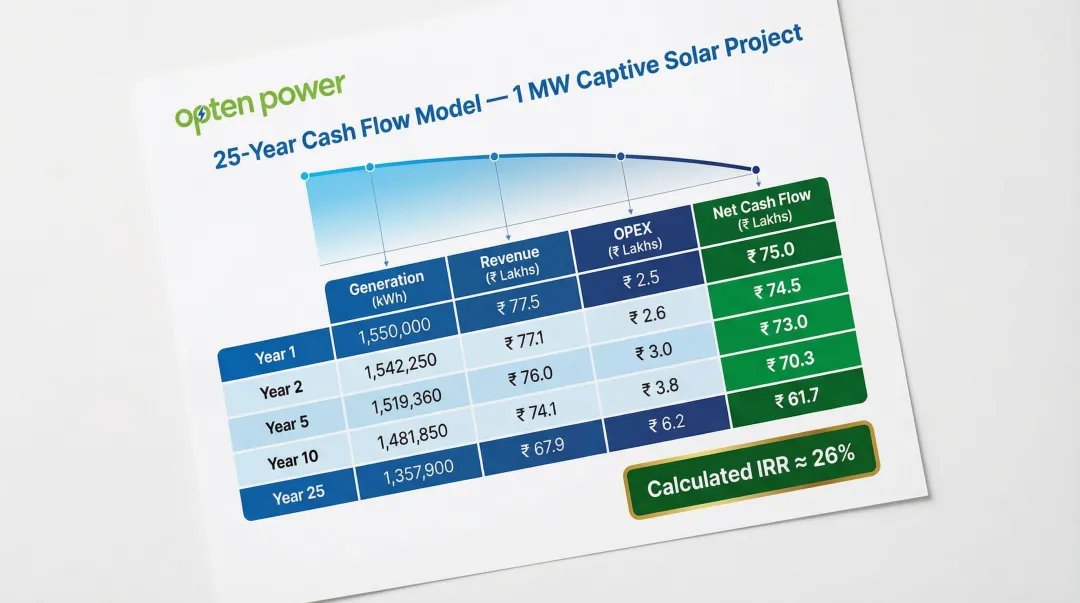 1 MW captive solar project 25-year cash flow model showing revenue OPEX and net returns