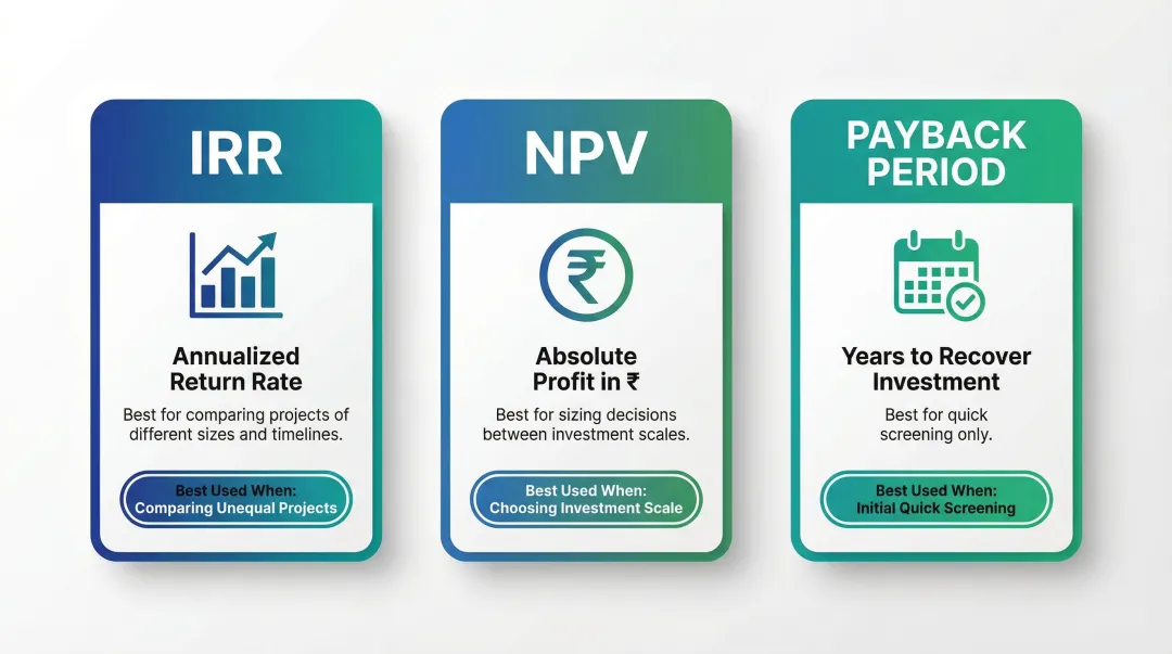 IRR versus NPV versus payback period comparison for renewable energy evaluation