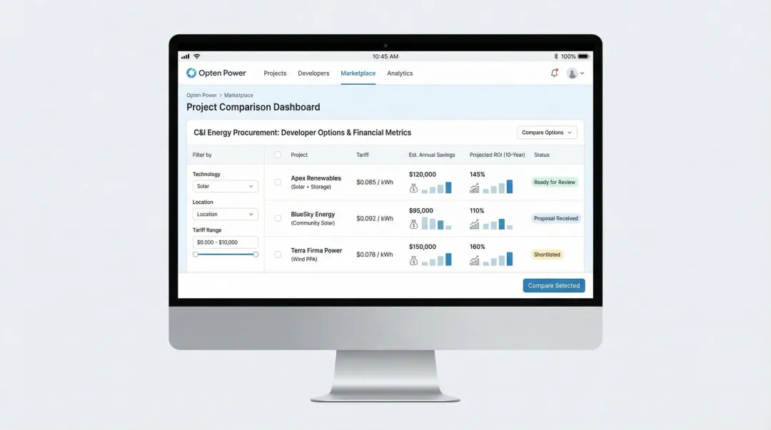 Opten Power platform dashboard comparing hybrid project tariffs savings and ROI across developers