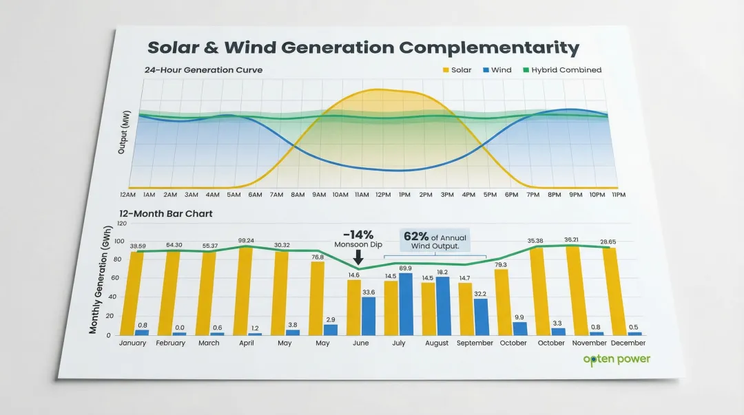 Solar vs wind generation seasonal complementarity daily and monthly output comparison