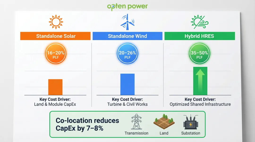 HRES versus standalone solar wind PLF and LCOE economics comparison infographic
