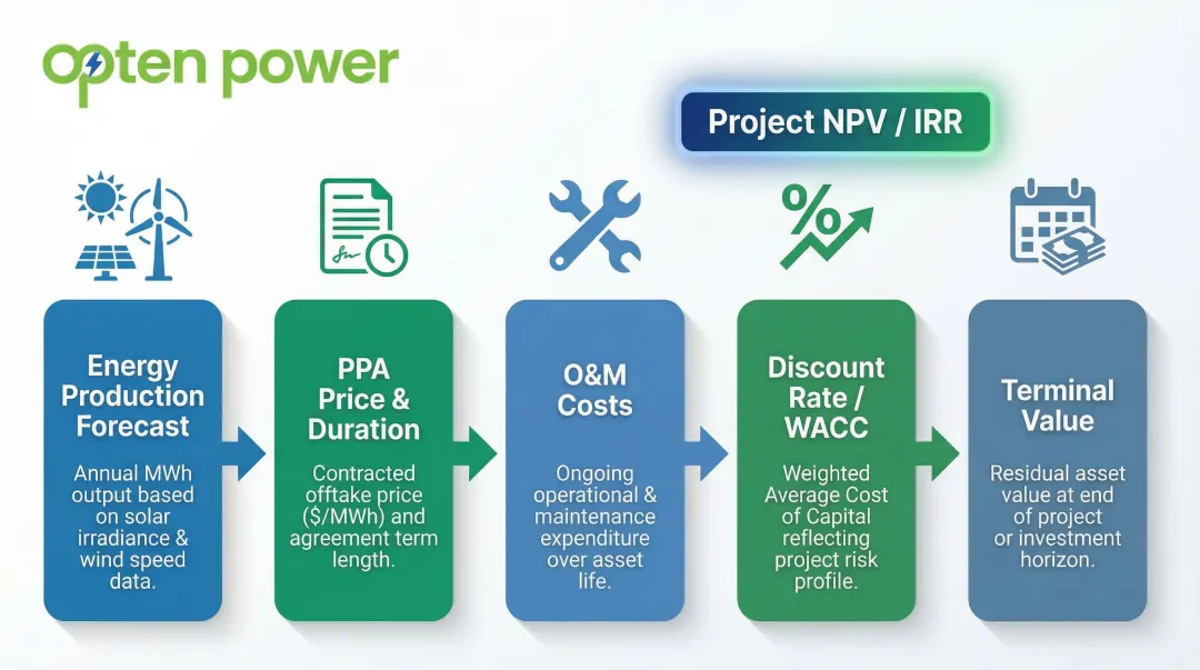 DCF analysis five key inputs process flow for renewable energy valuation