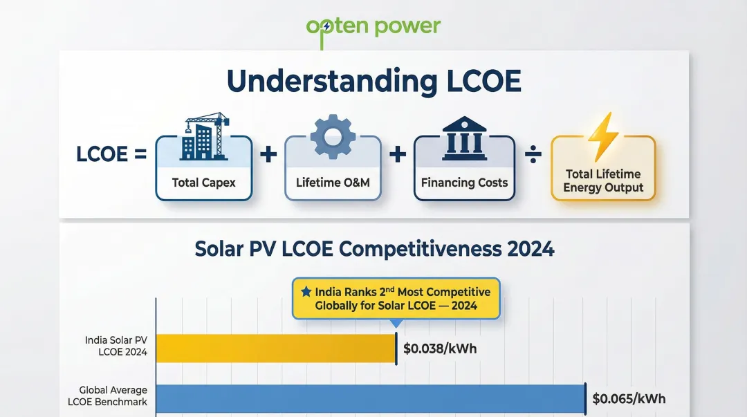 LCOE formula breakdown and India solar competitiveness benchmarking infographic
