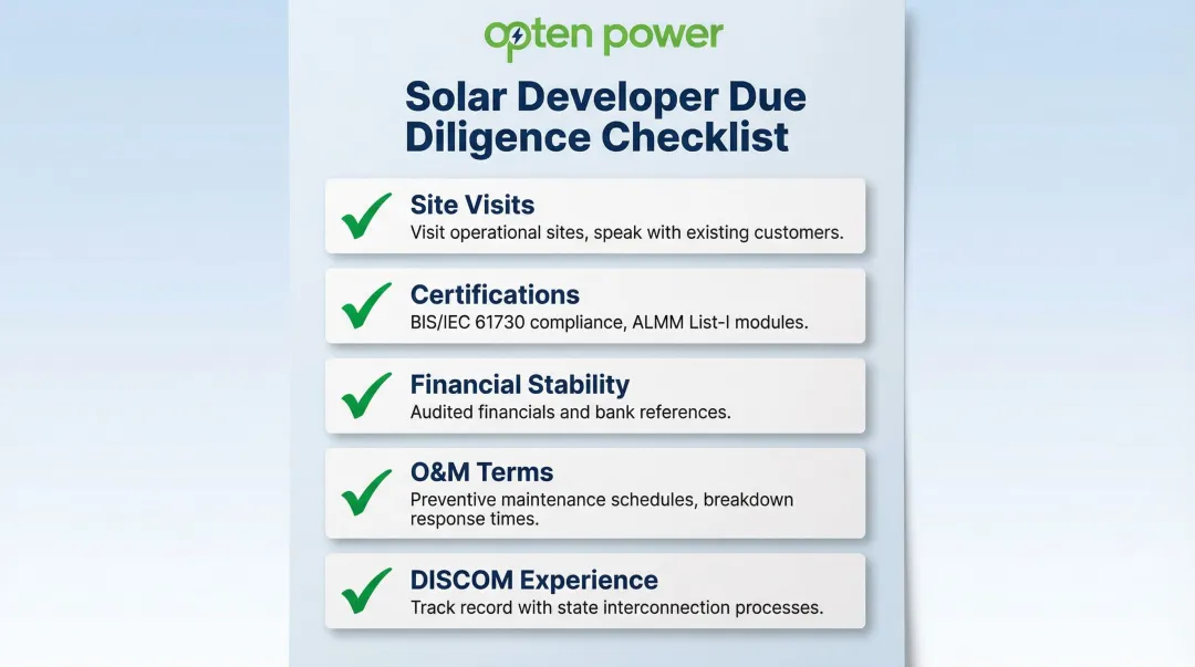 Commercial solar developer due diligence checklist with five key vetting criteria