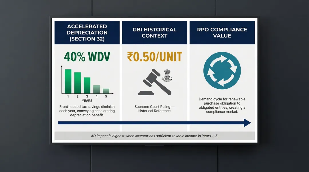 Indian wind project tax benefits accelerated depreciation GBI and RPO compliance overview