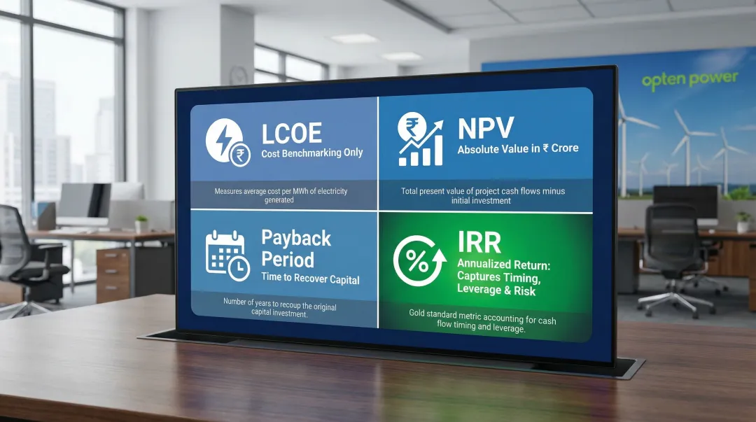 IRR versus LCOE NPV and payback period comparison metrics infographic