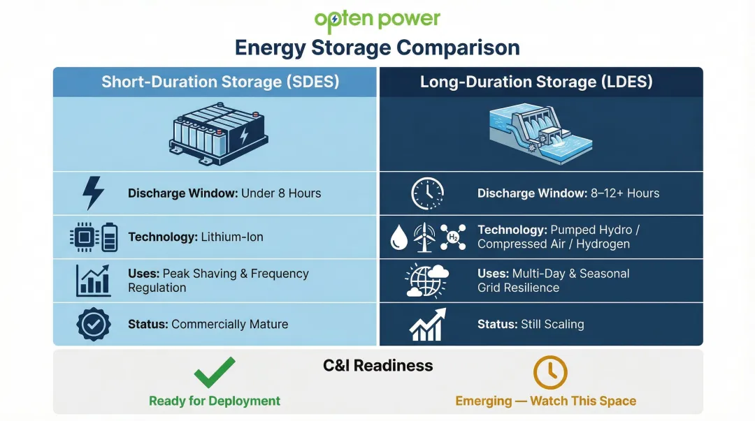 Short-duration versus long-duration battery storage comparison table for industrial buyers