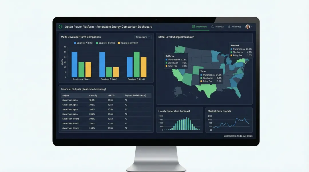 Opten Power platform dashboard comparing renewable energy tariffs IRR and payback across states