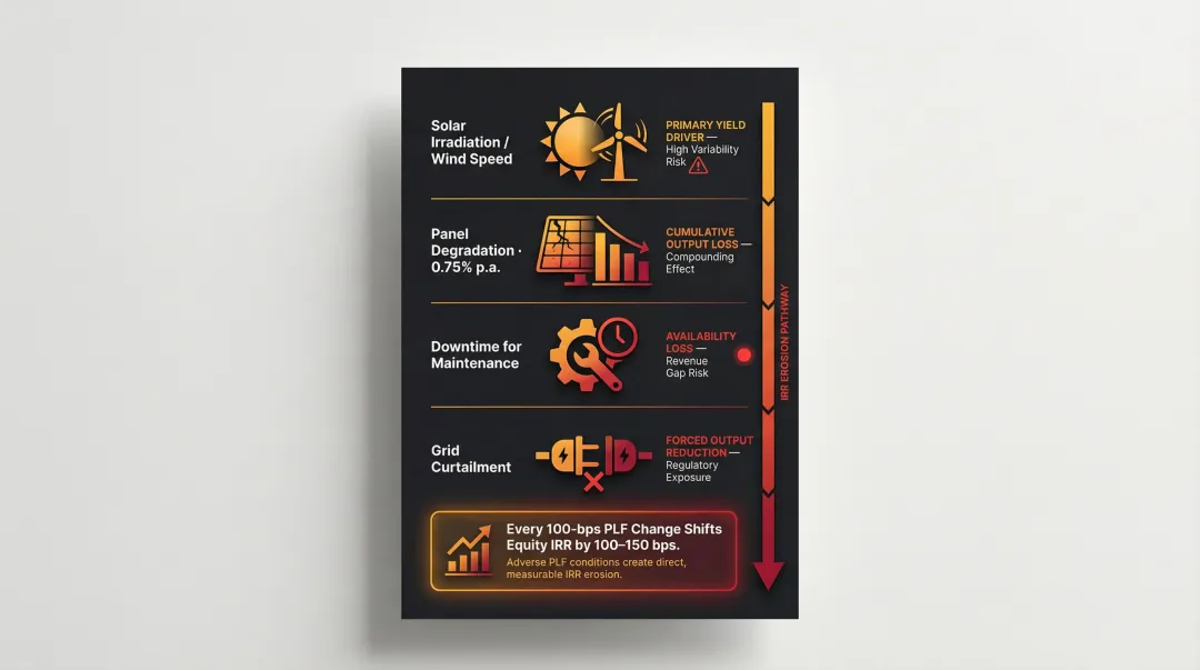 Renewable energy plant performance risk factors and IRR sensitivity impact chart