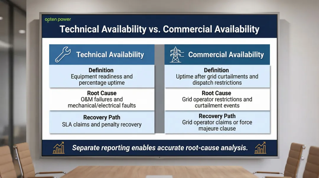 Technical versus commercial solar availability metrics comparison and financial recovery paths