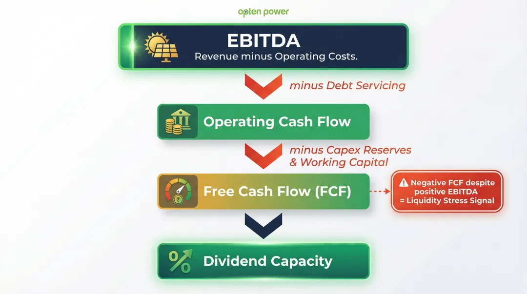 Solar SPV cash flow waterfall from EBITDA to free cash flow and dividends
