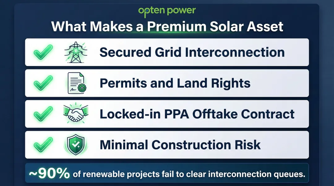 Late-stage solar asset characteristics that command premium acquisition valuations infographic