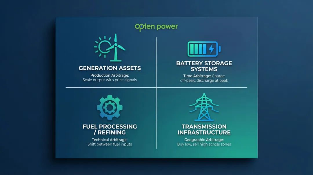 Four physical asset types enabling ABT arbitrage strategies in energy markets