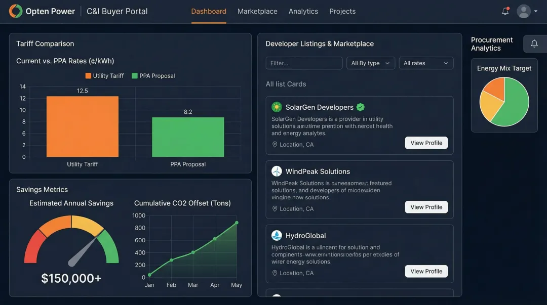 Opten Power renewable energy marketplace dashboard showing C&I buyer PPA savings and portfolio tools