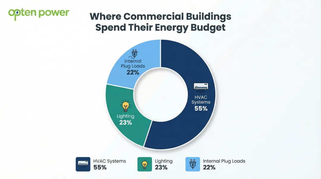 Commercial building electricity consumption breakdown by system type pie chart