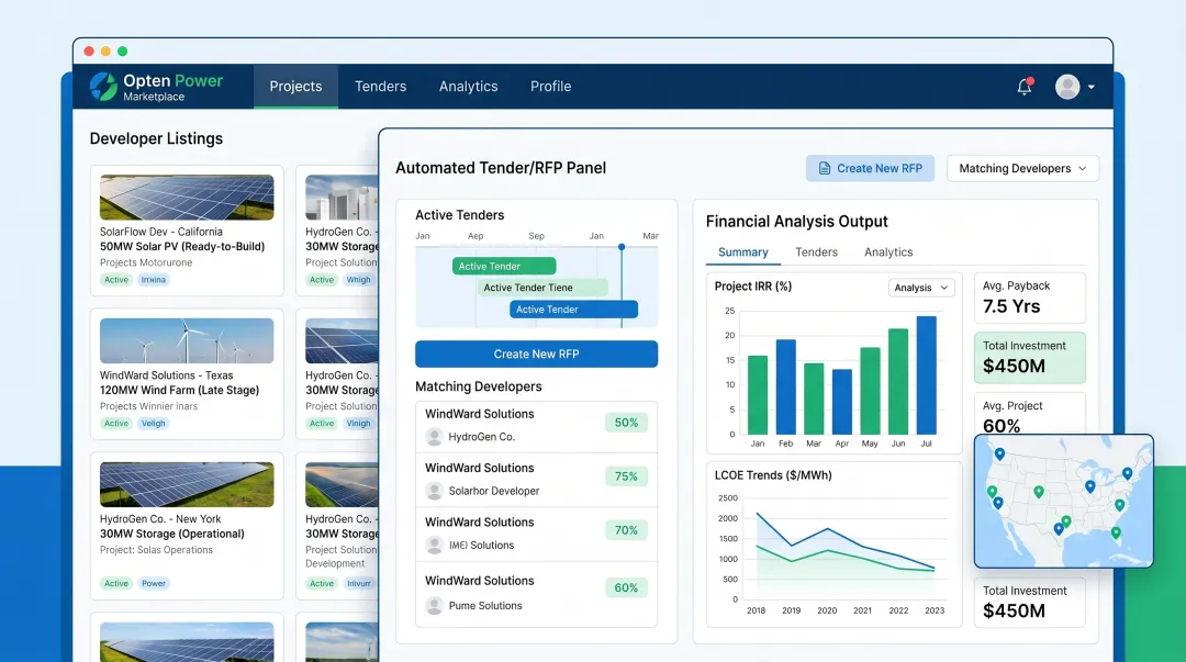 Opten Power renewable energy marketplace dashboard showing developer comparison and RFP tools