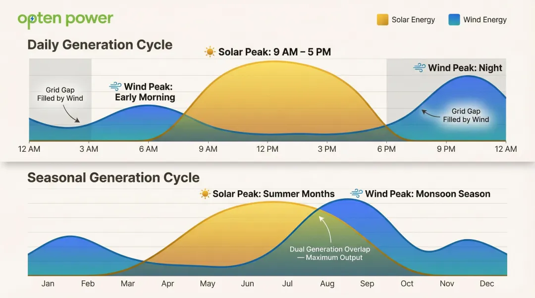 Solar versus wind energy generation daily and seasonal complementarity cycle infographic