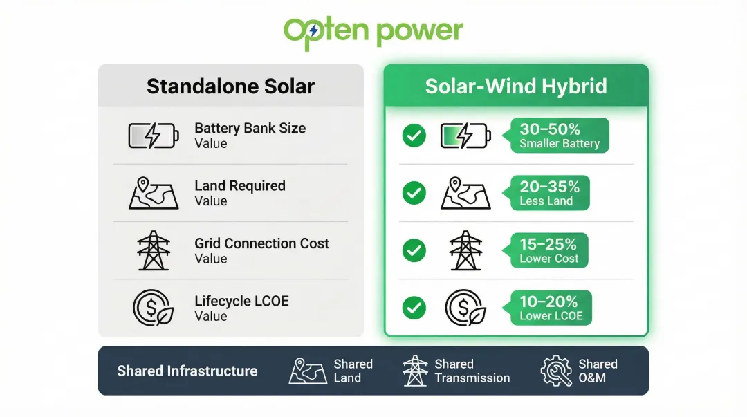 Solar-wind hybrid versus standalone solar cost and infrastructure comparison infographic