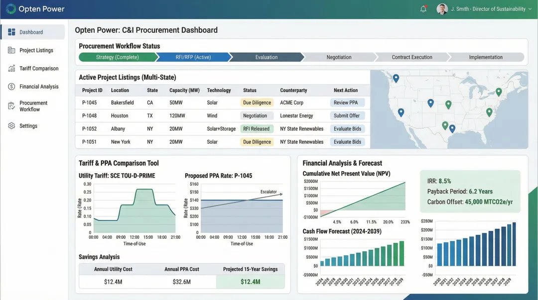 Opten Power platform dashboard showing hybrid project tariff comparison across Indian states