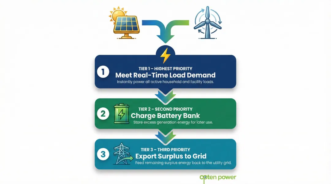 Solar-wind hybrid system three-priority energy dispatch logic flow diagram