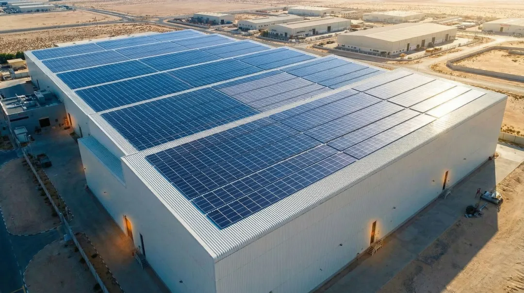 Large industrial manufacturing plant with solar panels and wind turbines on facility grounds