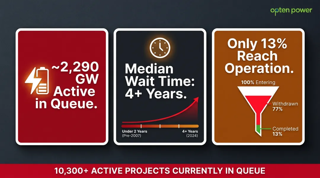 US interconnection queue backlog statistics showing 2290 GW waiting projects and wait time growth