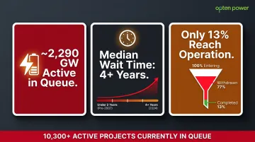 US interconnection queue backlog statistics showing 2290 GW waiting projects and wait time growth