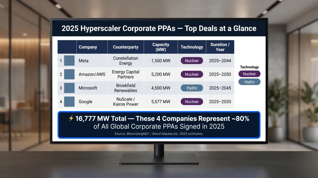 Hyperscaler corporate clean energy PPA deals comparison table Meta Amazon Google Microsoft 2024 2025