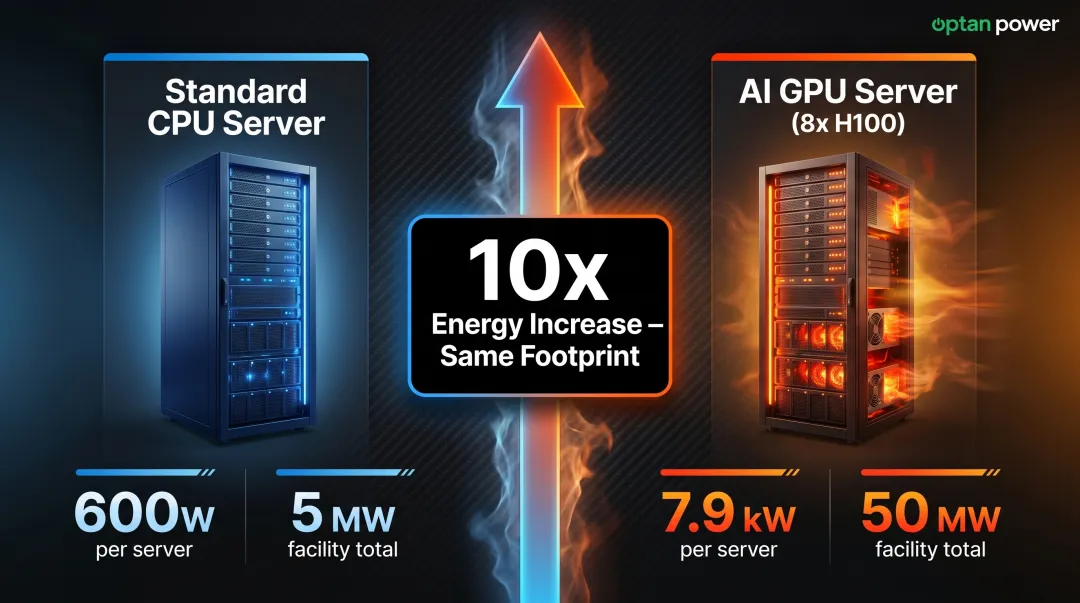 CPU versus GPU server energy consumption comparison showing tenfold data center power increase