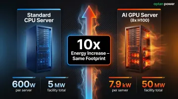 CPU versus GPU server energy consumption comparison showing tenfold data center power increase