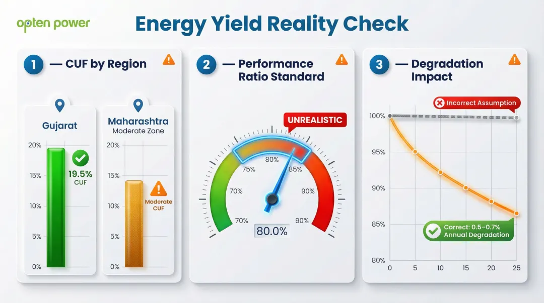 Solar energy yield CUF performance ratio and degradation benchmarks for India