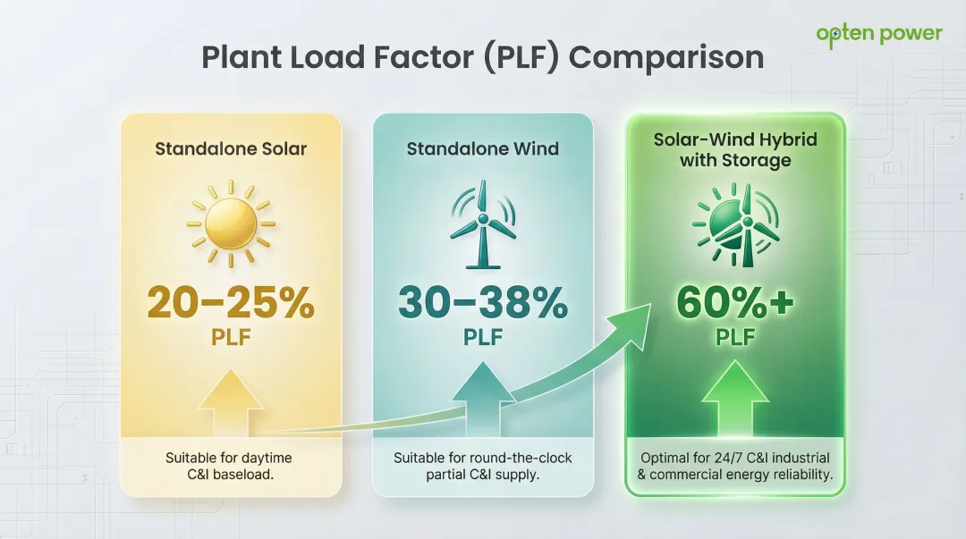 Solar wind hybrid versus standalone plant load factor PLF comparison infographic