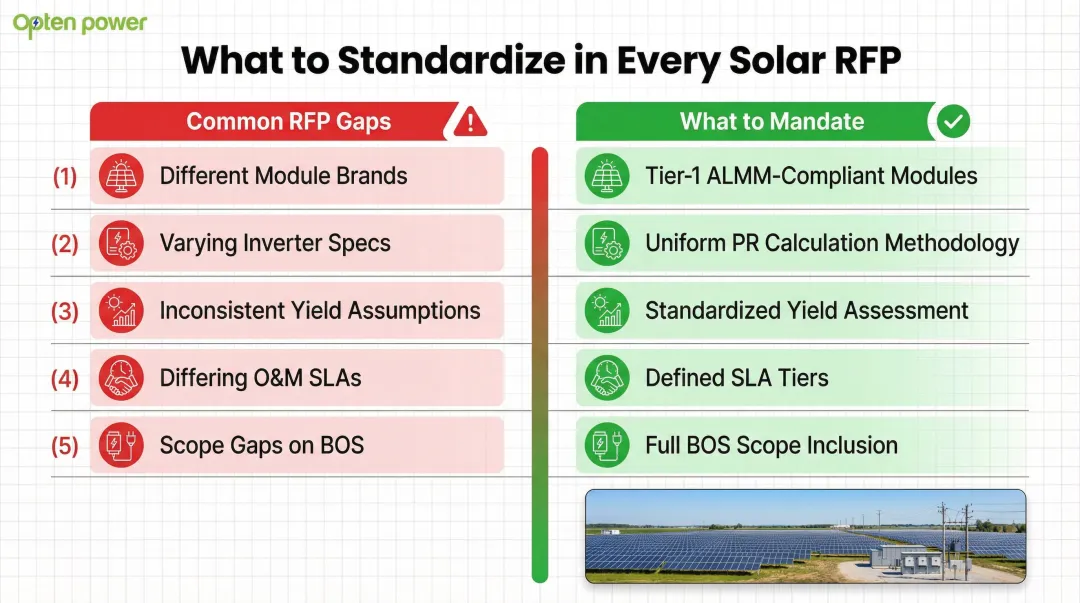 Commercial solar RFP evaluation criteria checklist for comparing developer quotes fairly