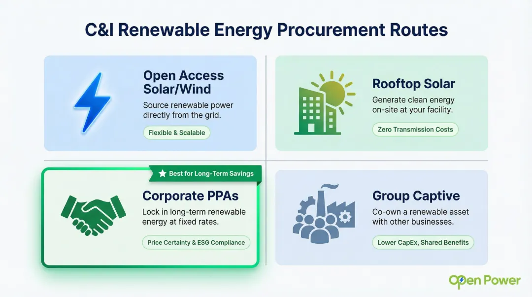 Four C&I renewable energy procurement routes comparison open access to PPAs
