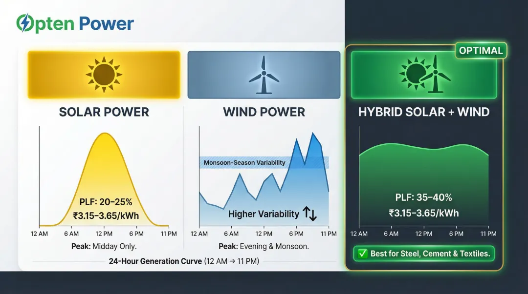 Solar wind and hybrid energy generation profile comparison plant load factor and cost range