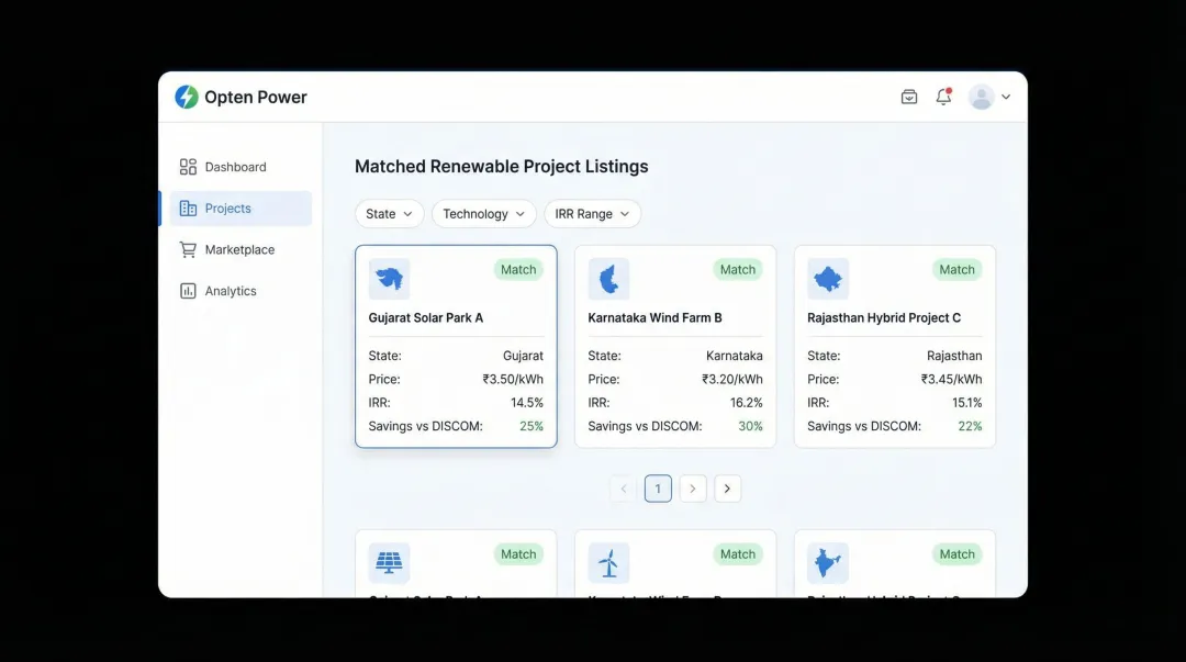 Opten Power digital marketplace dashboard comparing renewable energy project offers across states