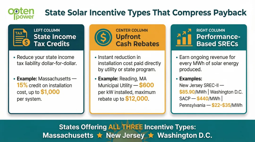 Three types of state solar incentives compressing payback periods with examples