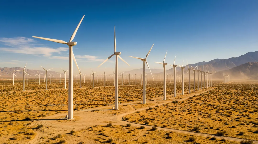 Jaisalmer wind farm Rajasthan desert landscape with Suzlon wind turbines