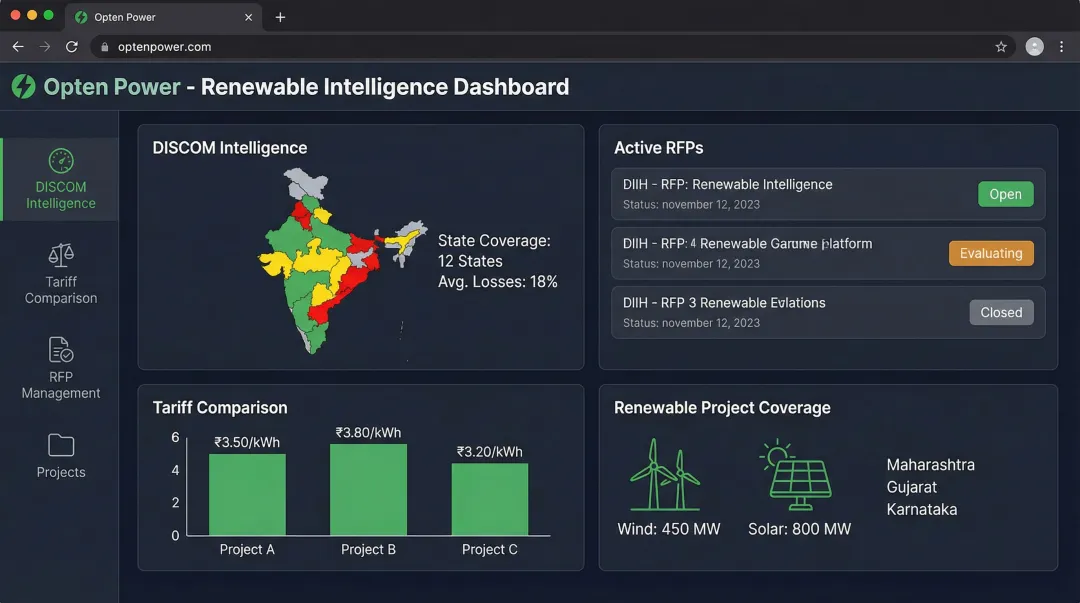 Opten Power clean energy marketplace dashboard showing DISCOM intelligence and PPA comparison tools