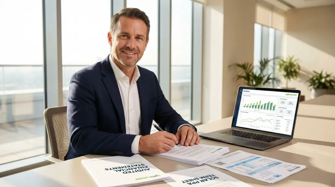 Business professional reviewing solar PPA terms and creditworthiness documents before developer negotiation