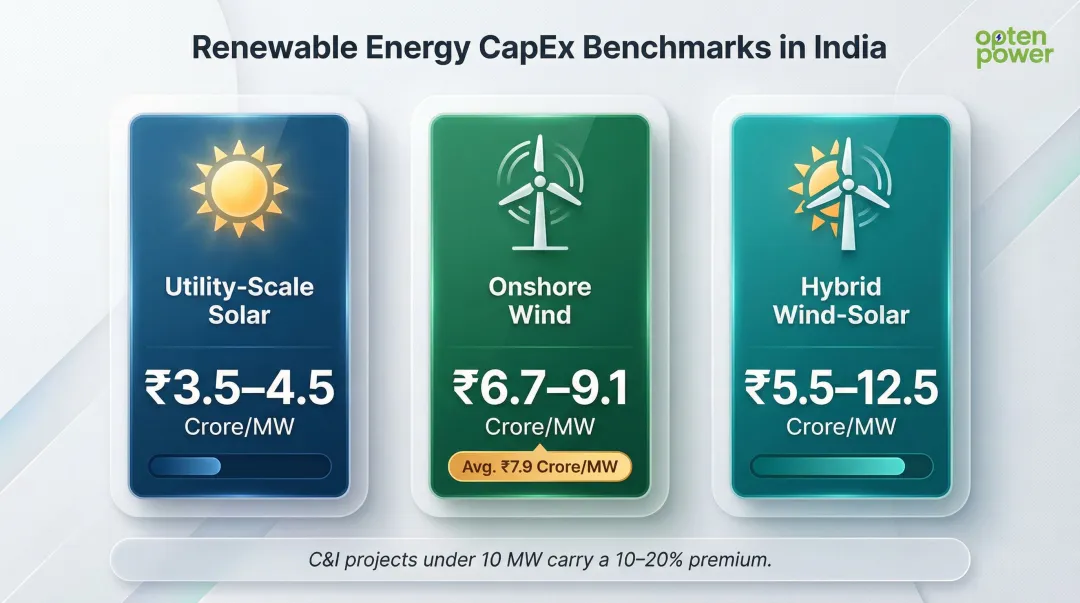 India renewable energy CapEx benchmarks solar wind hybrid cost comparison infographic