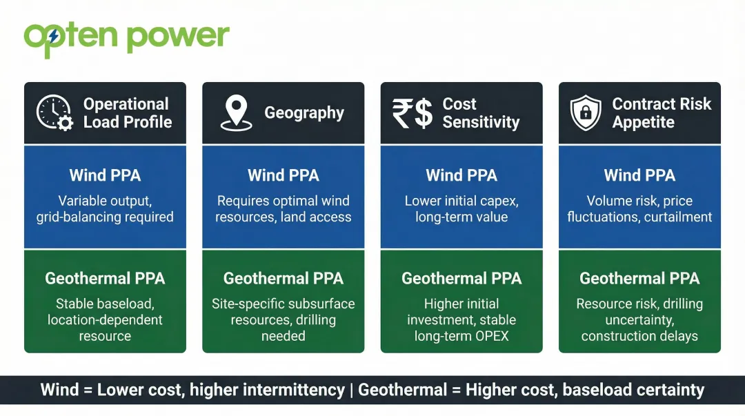 Four-factor decision framework for choosing wind PPA versus geothermal PPA