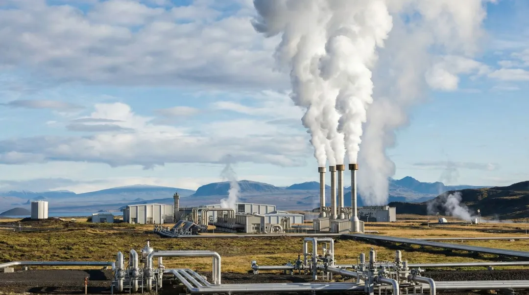 Geothermal power plant facility with steam vents and turbine infrastructure