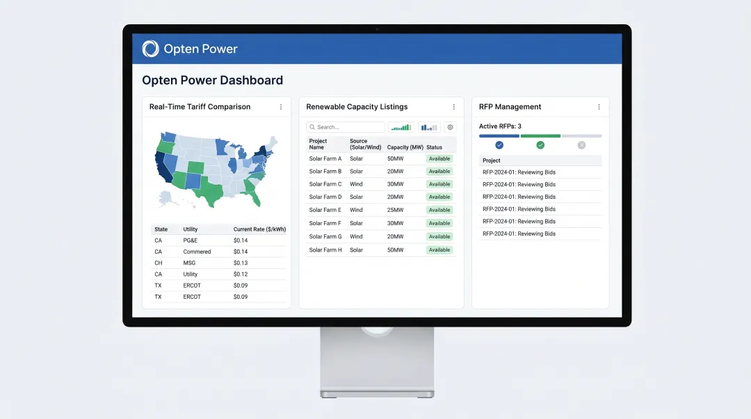 Opten Power platform dashboard displaying renewable energy tariffs and PPA procurement tools